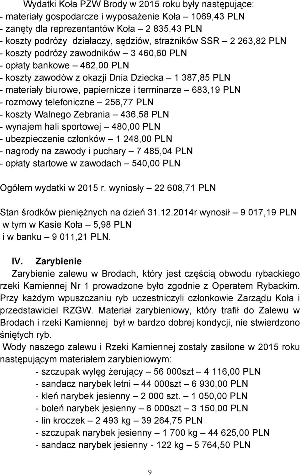 683,19 PLN - rozmowy telefoniczne 256,77 PLN - koszty Walnego Zebrania 436,58 PLN - wynajem hali sportowej 480,00 PLN - ubezpieczenie członków 1 248,00 PLN - nagrody na zawody i puchary 7 485,04 PLN