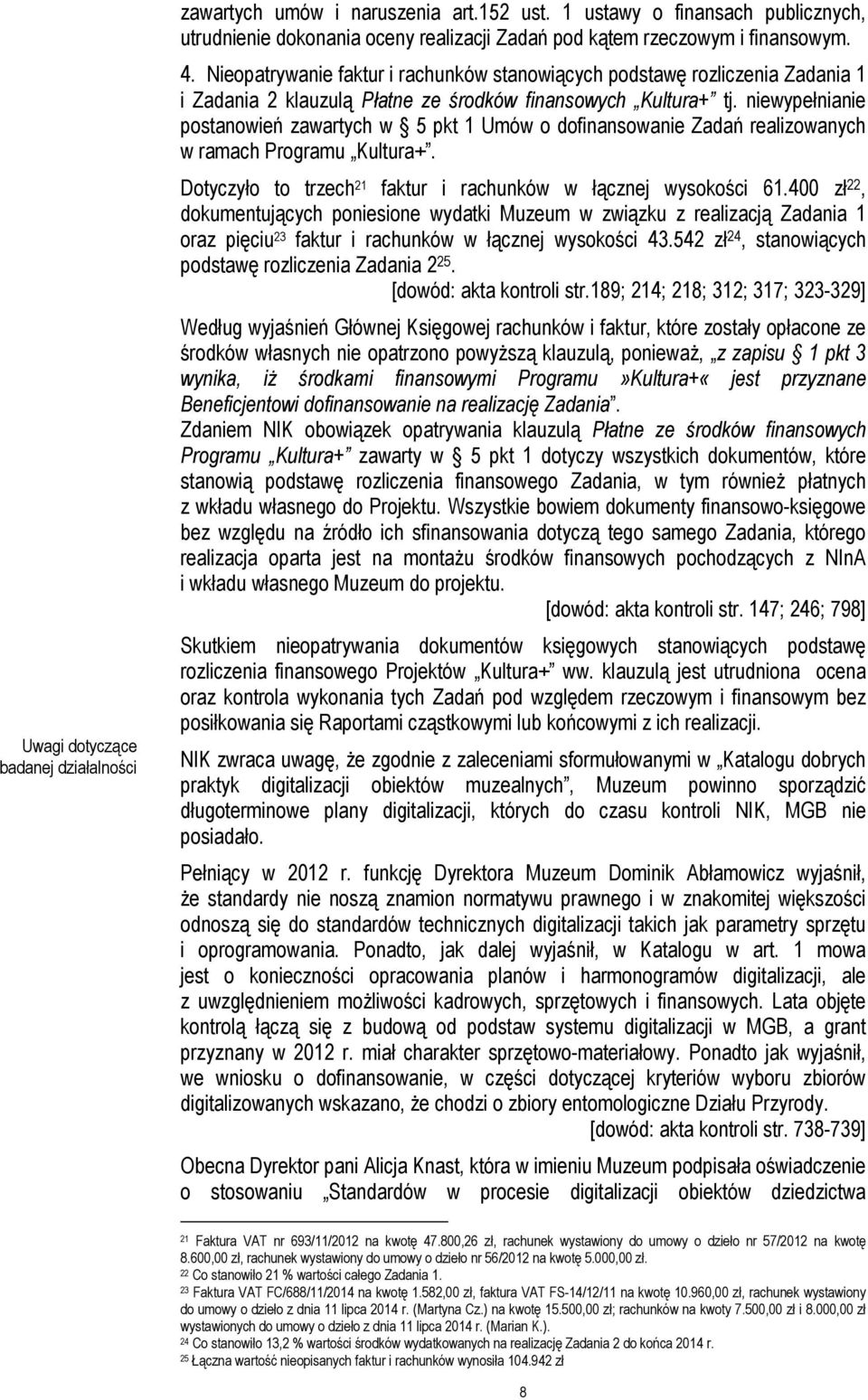niewypełnianie postanowień zawartych w 5 pkt 1 Umów o dofinansowanie Zadań realizowanych w ramach Programu Kultura+. Dotyczyło to trzech 21 faktur i rachunków w łącznej wysokości 61.