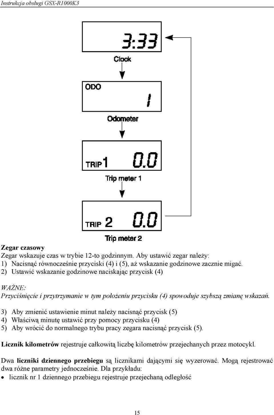 3) Aby zmienić ustawienie minut należy nacisnąć przycisk (5) 4) Właściwą minutę ustawić przy pomocy przycisku (4) 5) Aby wrócić do normalnego trybu pracy zegara nacisnąć przycisk (5).