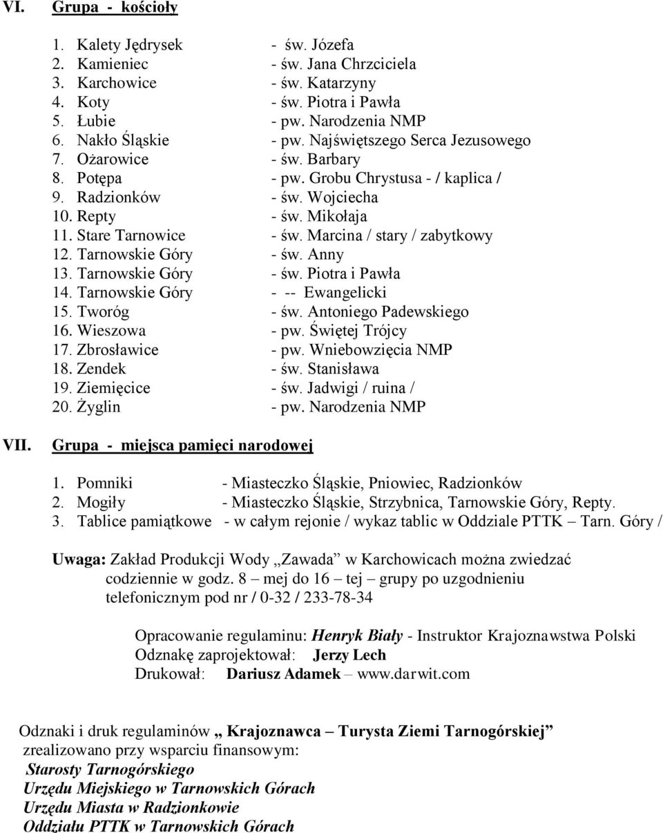 Marcina / stary / zabytkowy 12. Tarnowskie Góry - św. Anny 13. Tarnowskie Góry - św. Piotra i Pawła 14. Tarnowskie Góry - -- Ewangelicki 15. Tworóg - św. Antoniego Padewskiego 16. Wieszowa - pw.