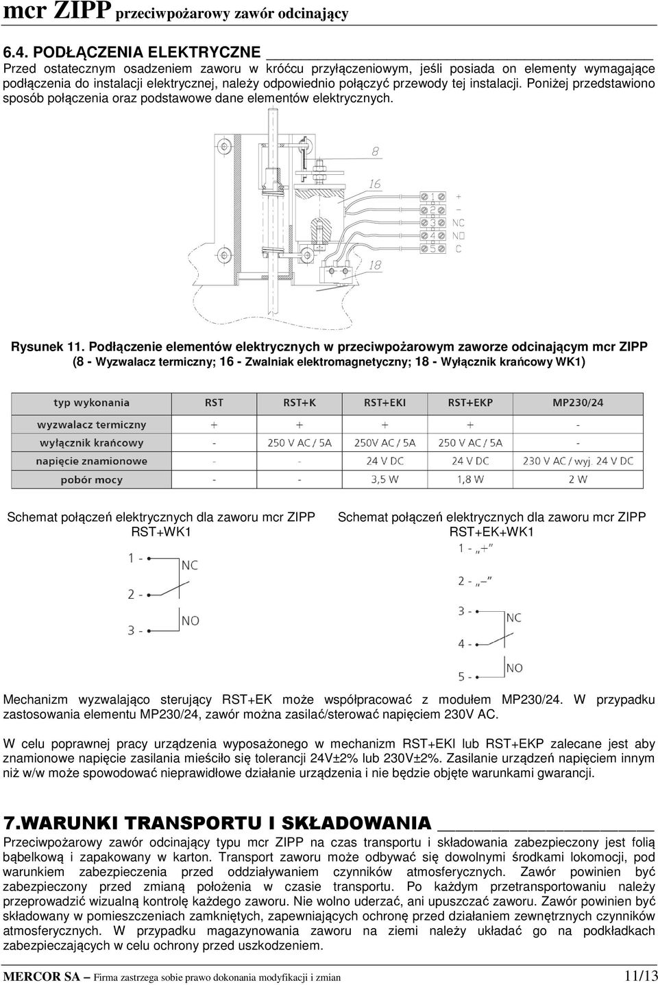 Podłączenie elementów elektrycznych w przeciwpożarowym zaworze odcinającym mcr ZIPP (8 - Wyzwalacz termiczny; 6 - Zwalniak elektromagnetyczny; 8 - Wyłącznik krańcowy WK) Schemat połączeń
