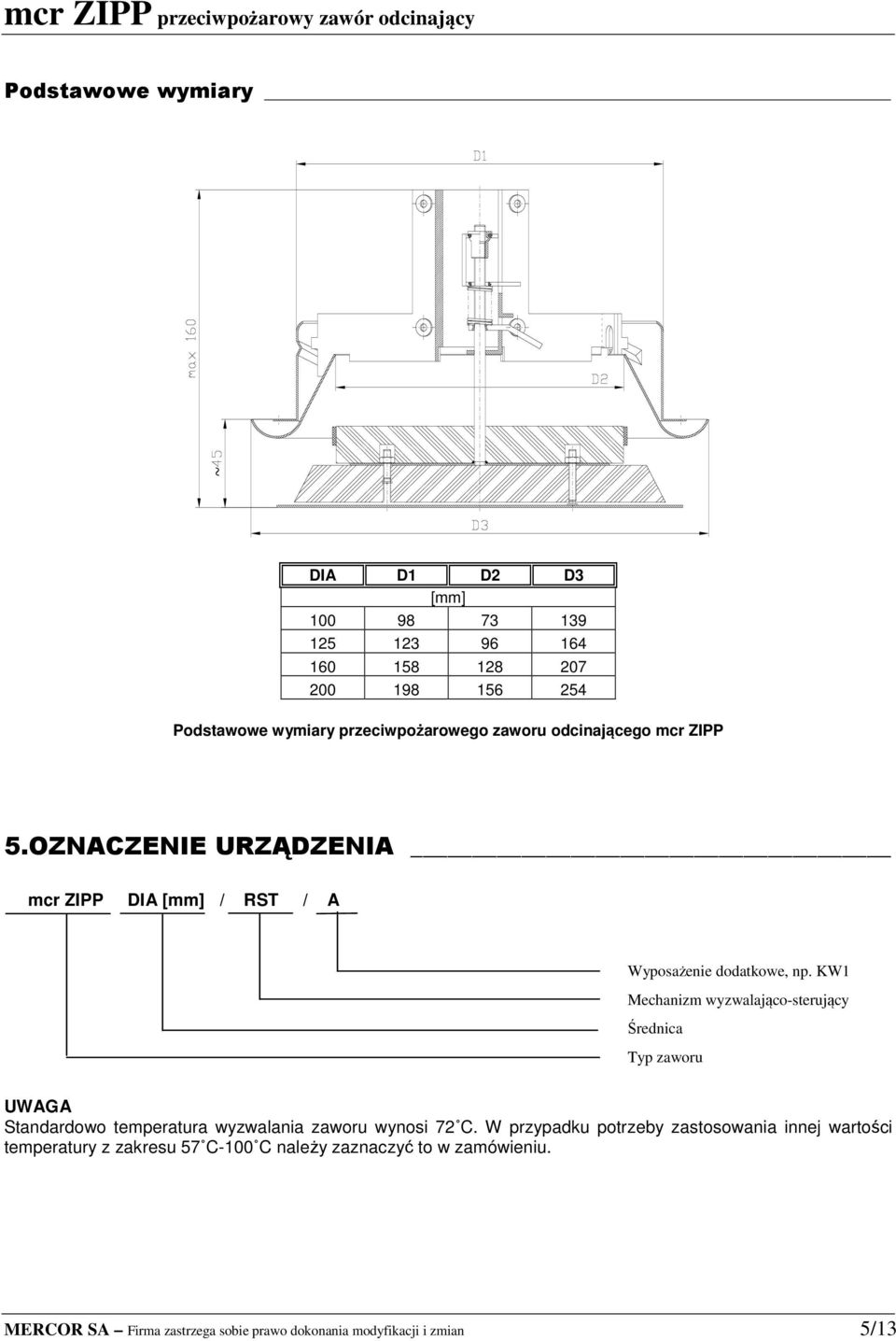 KW Mechanizm wyzwalająco-sterujący Średnica Typ zaworu Standardowo temperatura wyzwalania zaworu wynosi 7 C.