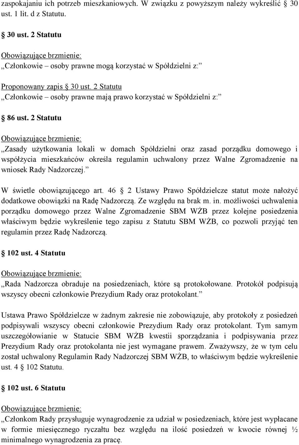 2 Statutu Zasady użytkowania lokali w domach Spółdzielni oraz zasad porządku domowego i współżycia mieszkańców określa regulamin uchwalony przez Walne Zgromadzenie na wniosek Rady Nadzorczej.