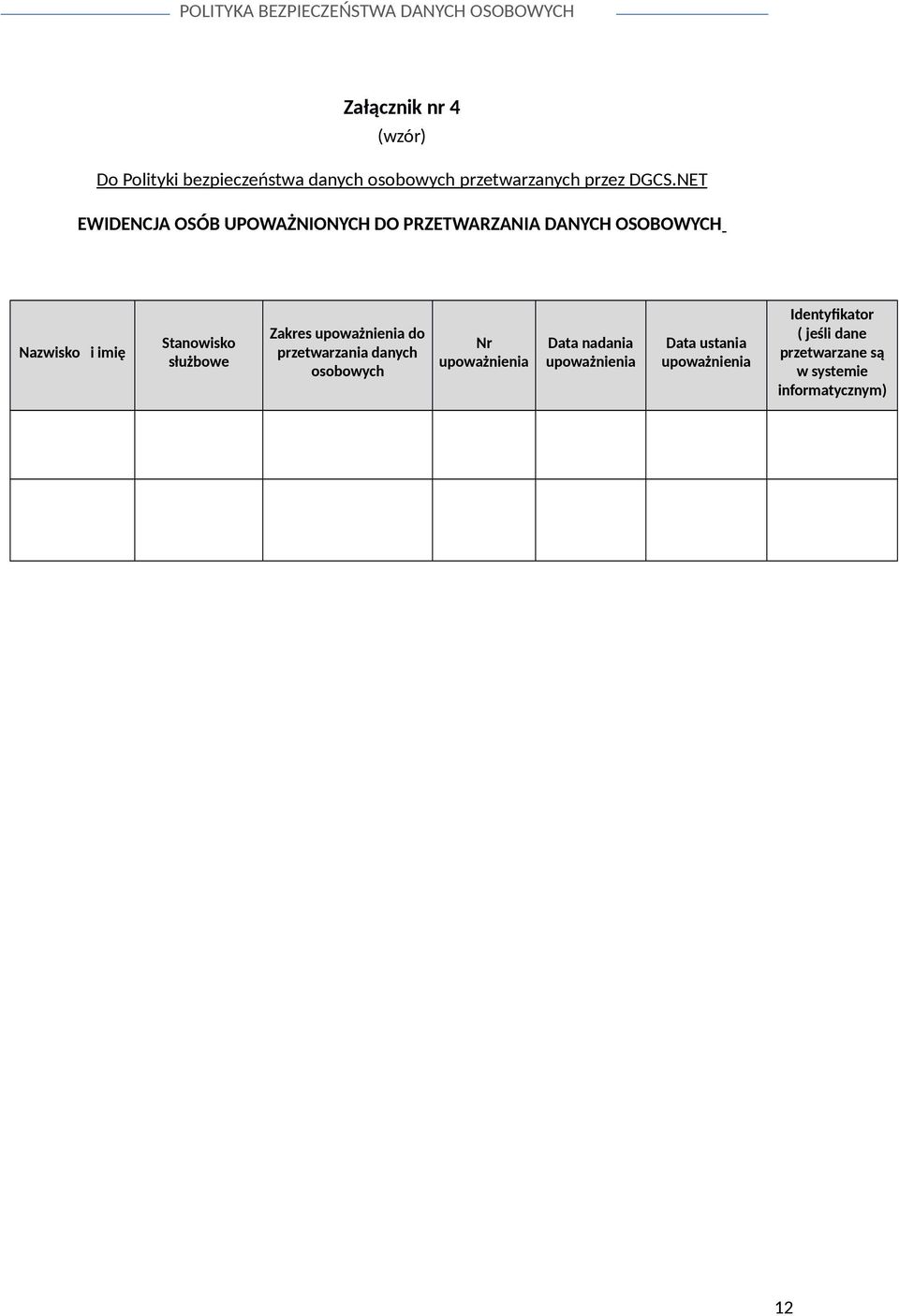 służbowe Zakres upoważnienia do przetwarzania danych osobowych Nr upoważnienia Data nadania