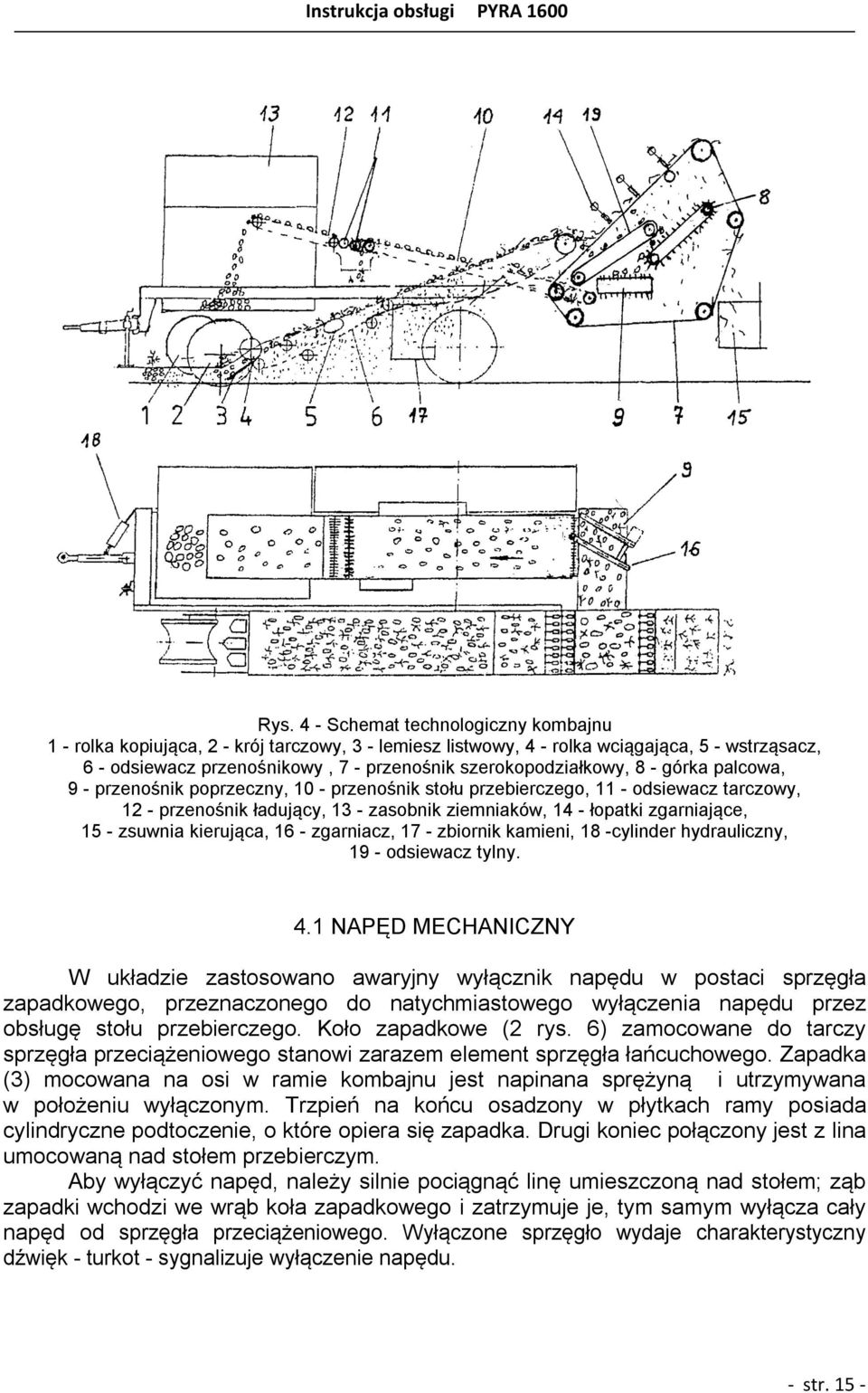 zgarniające, 15 - zsuwnia kierująca, 16 - zgarniacz, 17 - zbiornik kamieni, 18 -cylinder hydrauliczny, 19 - odsiewacz tylny. 4.