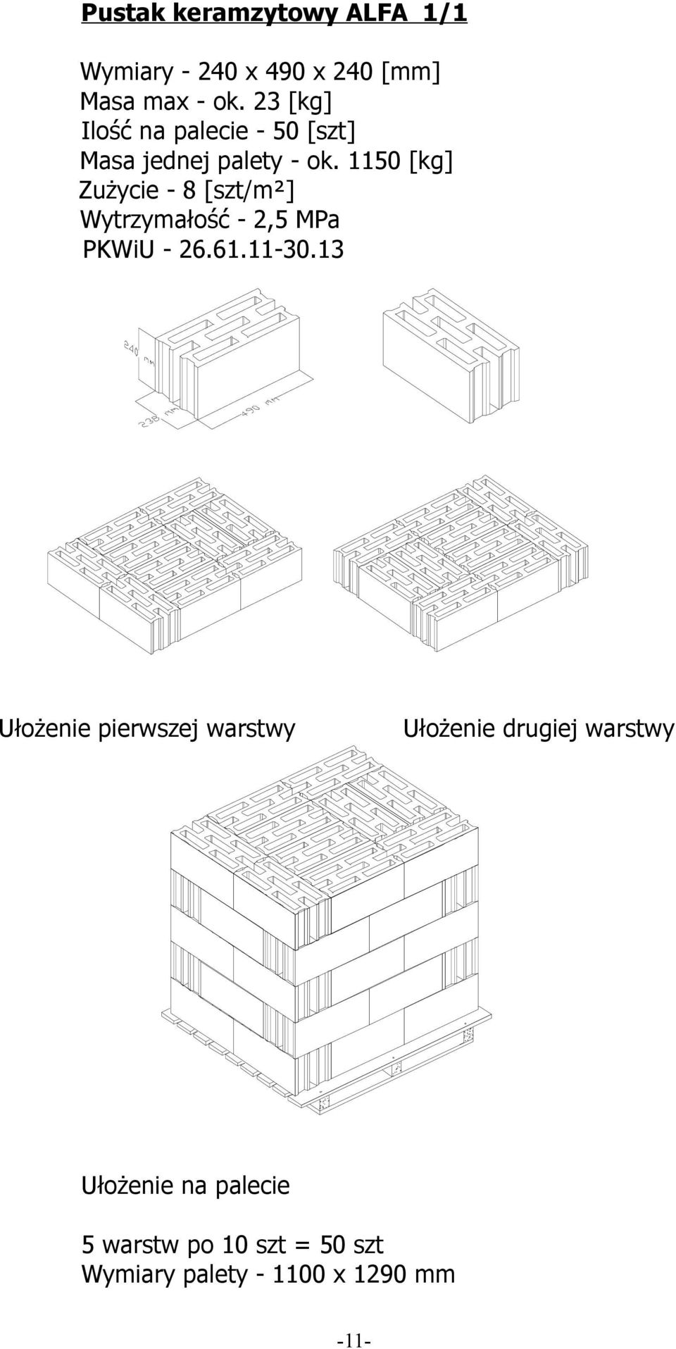 1150 [kg] Zużycie - 8 [szt/m²] Wytrzymałość - 2,5 MPa PKWiU - 26.61.11-30.