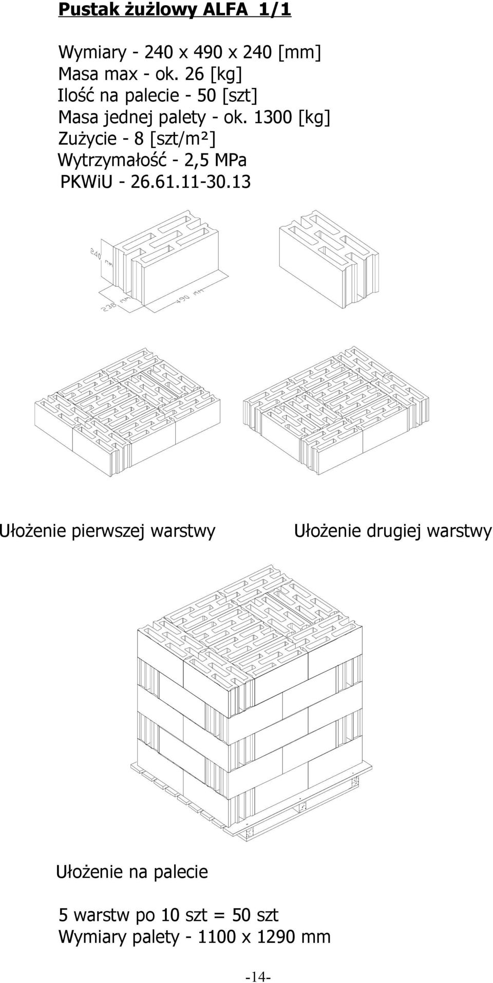 1300 [kg] Zużycie - 8 [szt/m²] Wytrzymałość - 2,5 MPa PKWiU - 26.61.