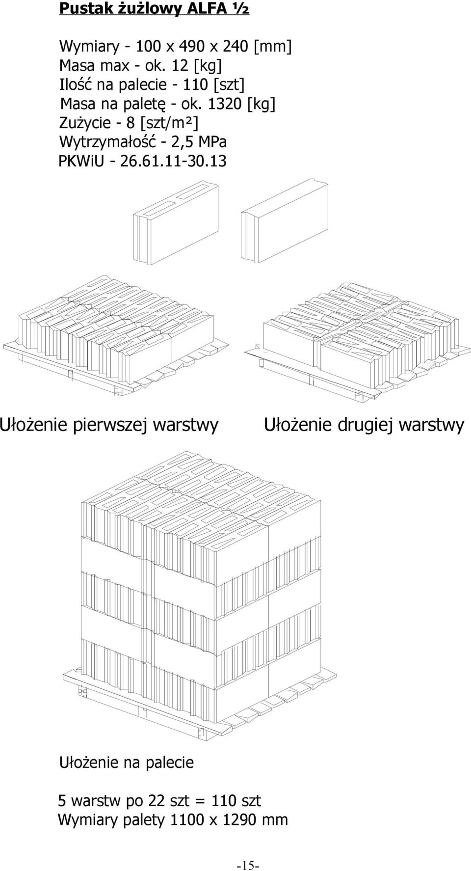 1320 [kg] Zużycie - 8 [szt/m²] Wytrzymałość - 2,5 MPa PKWiU - 26.61.11-30.