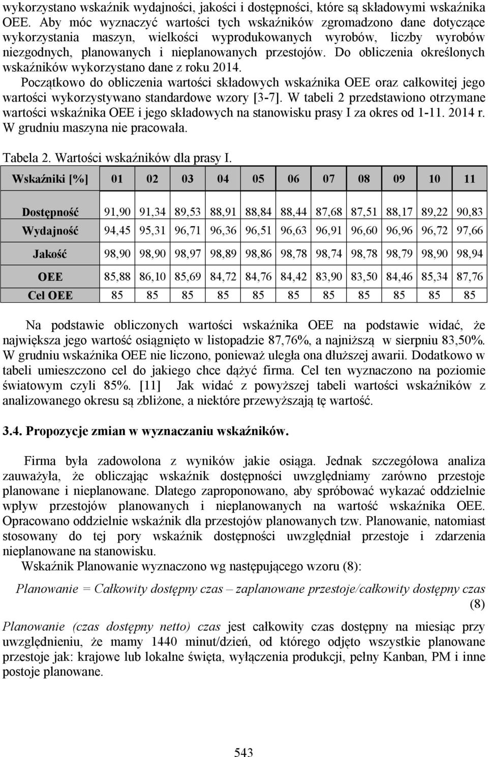Do obliczenia określonych wskaźników wykorzystano dane z roku 2014. Początkowo do obliczenia wartości składowych wskaźnika OEE oraz całkowitej jego wartości wykorzystywano standardowe wzory [3-7].