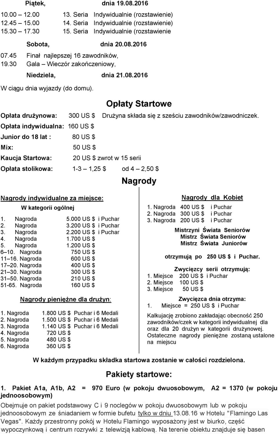 Opłaty Startowe Opłata drużynowa: 300 US $ Drużyna składa się z sześciu zawodników/zawodniczek.