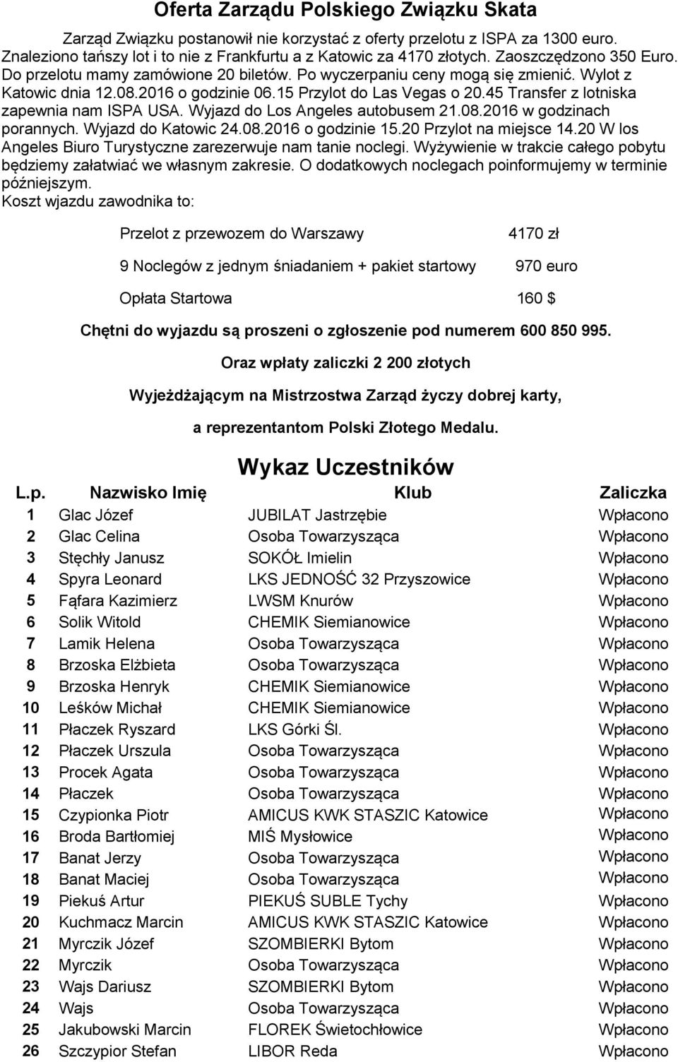 45 Transfer z lotniska zapewnia nam ISPA USA. Wyjazd do Los Angeles autobusem 21.08.2016 w godzinach porannych. Wyjazd do Katowic 24.08.2016 o godzinie 15.20 Przylot na miejsce 14.