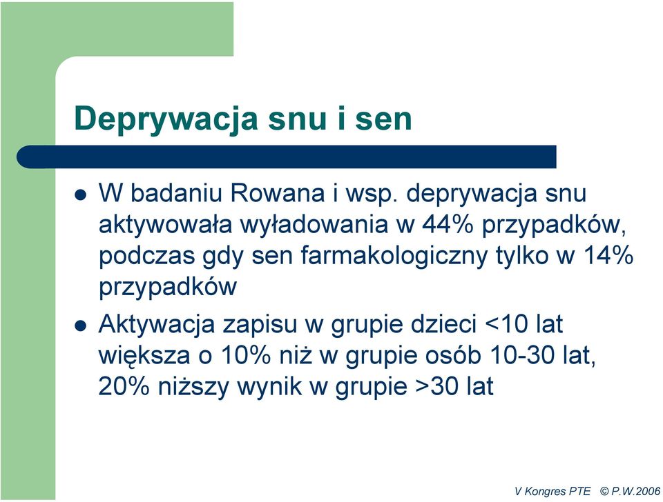 sen farmakologiczny tylko w 14% przypadków Aktywacja zapisu w grupie