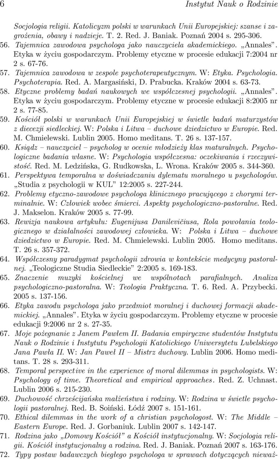 Tajemnica zawodowa w zespole psychoterapeutycznym. W: Etyka. Psychologia. Psychoterapia. Red. A. Margasiński, D. Prabucka. Kraków 2004 s. 63-73. 58.