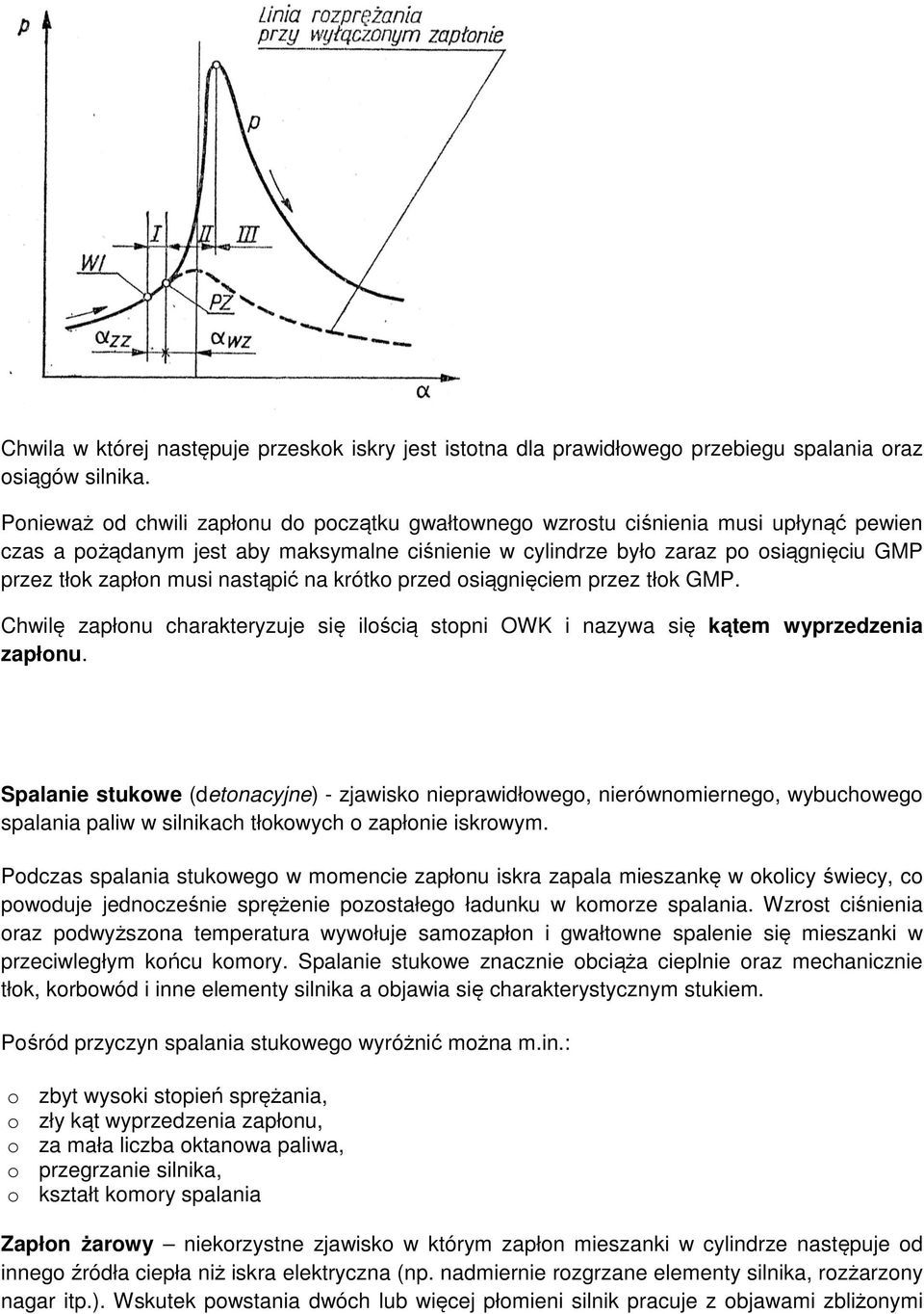 musi nastąpić na krótko przed osiągnięciem przez tłok GMP. Chwilę zapłonu charakteryzuje się ilością stopni OWK i nazywa się kątem wyprzedzenia zapłonu.