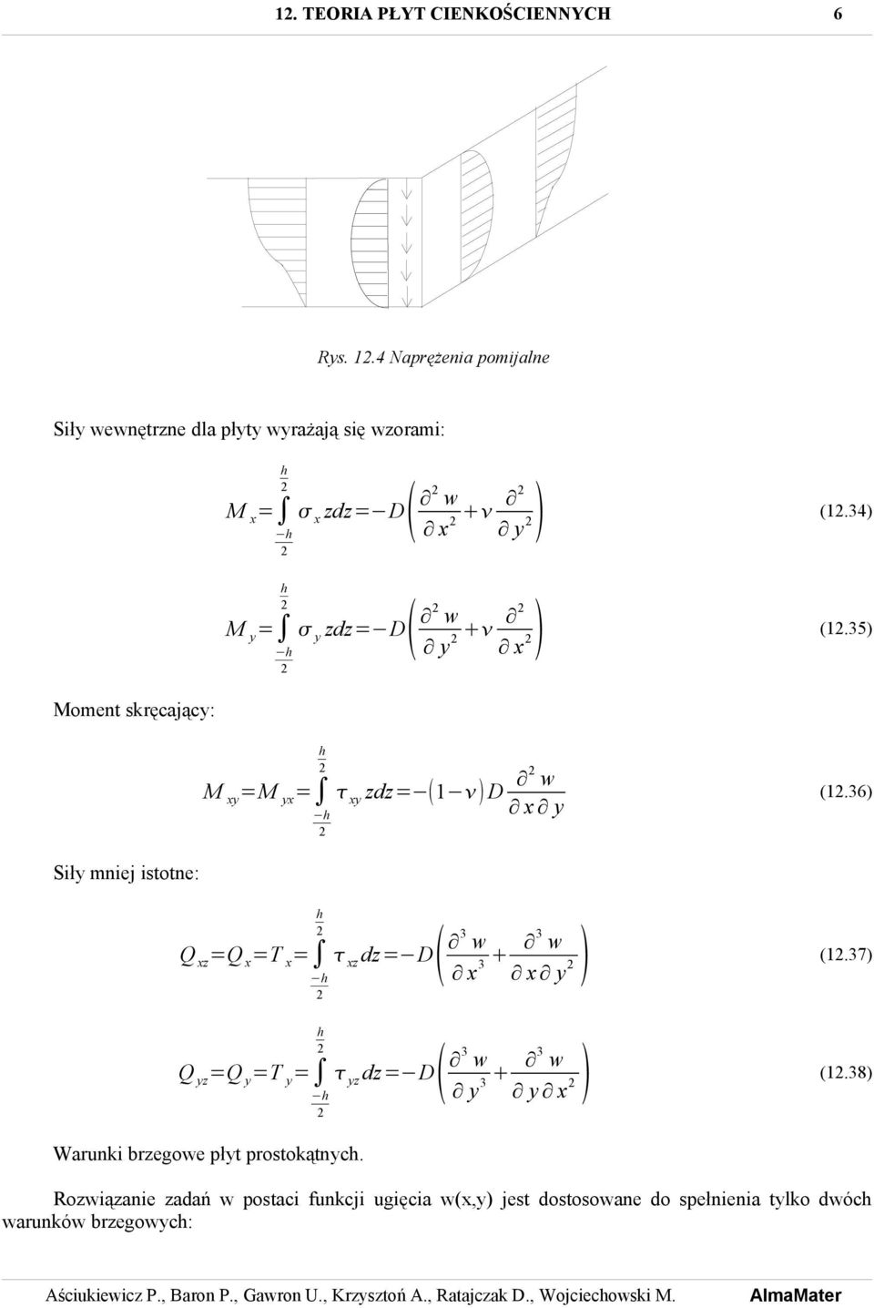 34) x y y zdz= D w (1.35) y x h M xy =M yx = h xy zdz= 1 D w x y (1.