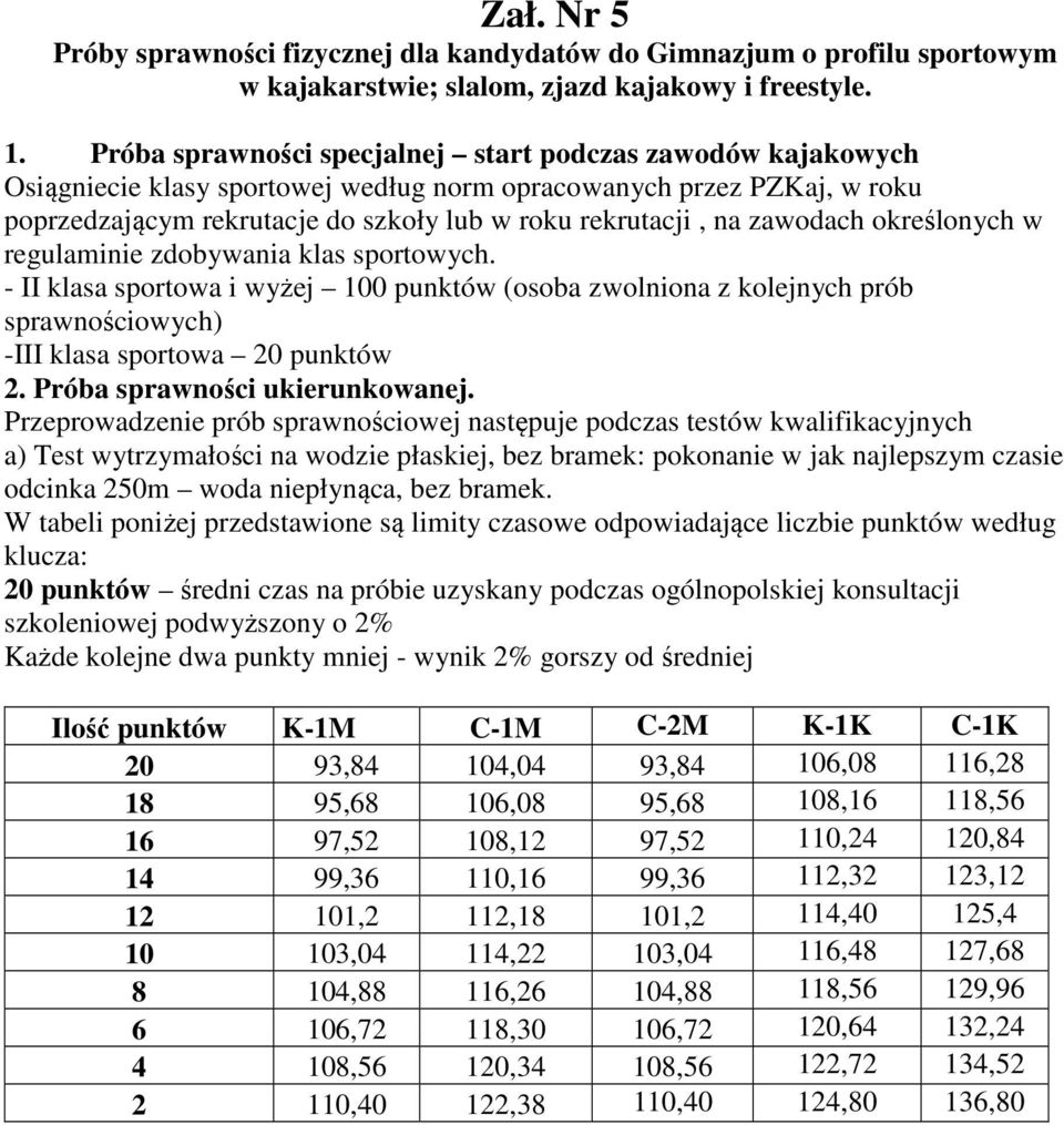 zawodach określonych w regulaminie zdobywania klas sportowych. - II klasa sportowa i wyżej 100 punktów (osoba zwolniona z kolejnych prób sprawnościowych) -III klasa sportowa 20 punktów 2.