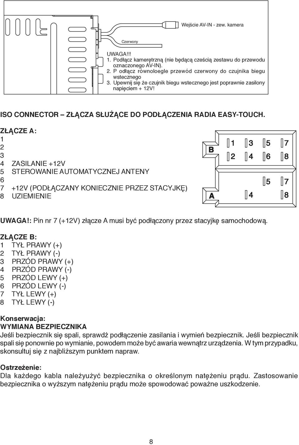 ISO CONNECTOR ZŁĄCZA SŁUŻĄCE DO PODŁĄCZENIA RADIA EASY-TOUCH.