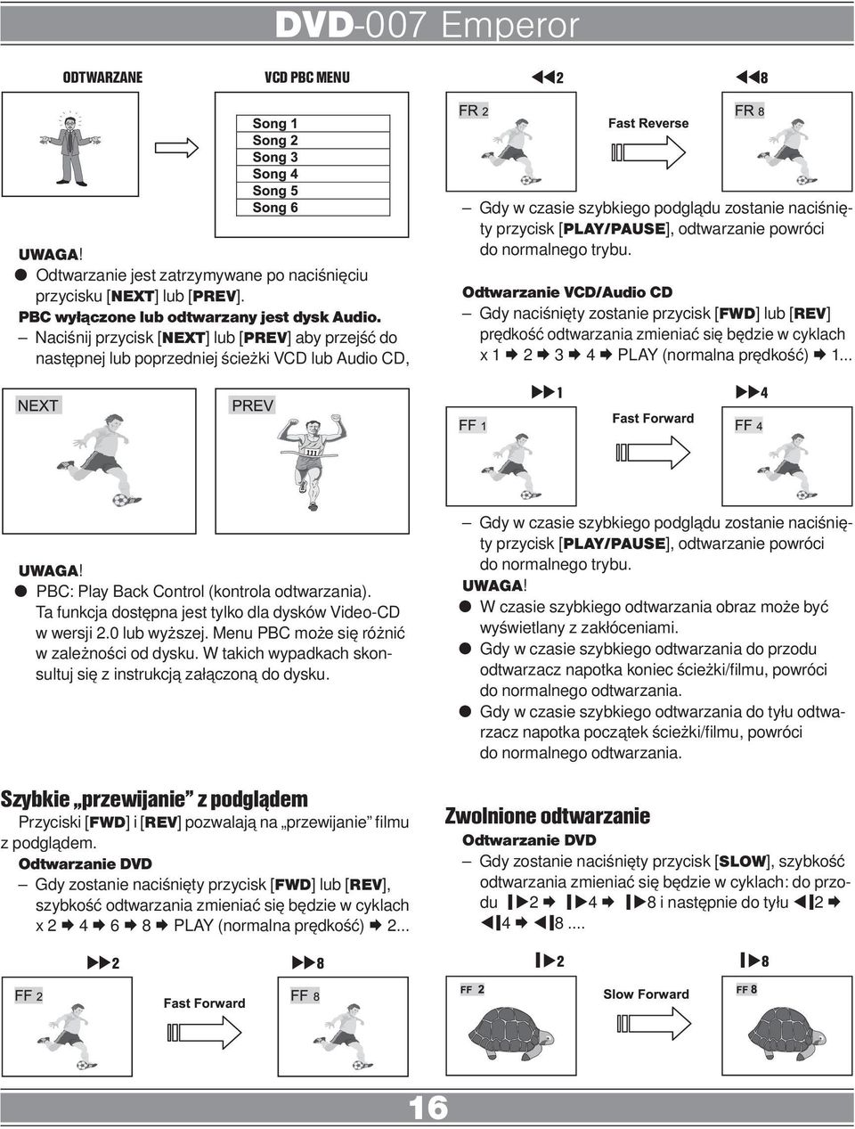 do normalnego trybu. Odtwarzanie VCD/Audio CD Gdy naciśnięty zostanie przycisk [FWD] lub [REV] prędkość odtwarzania zmieniać się będzie w cyklach x 1 Æ 2 Æ 3 Æ 4 Æ PLAY (normalna prędkość) Æ 1.