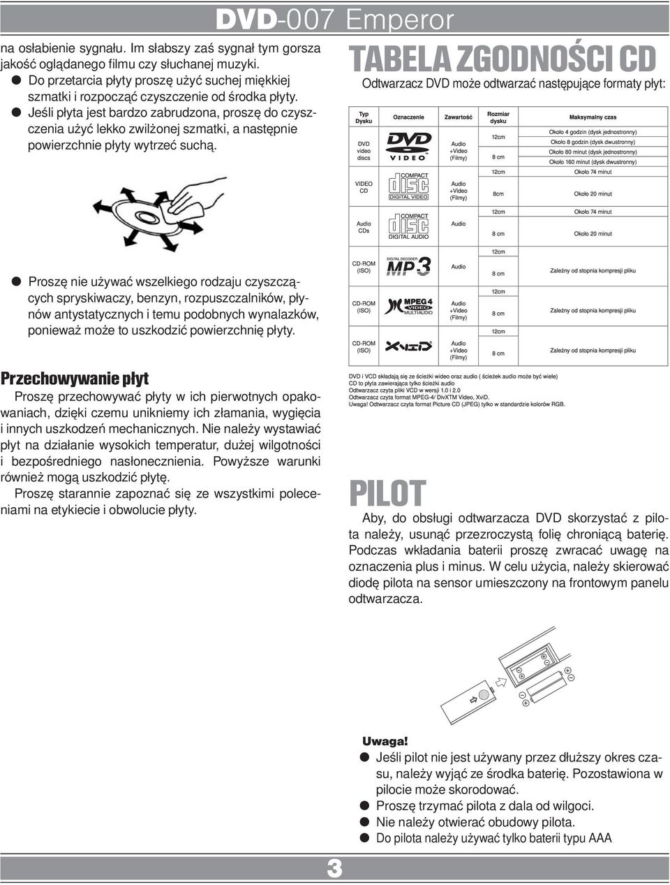 TABELA ZGODNOŚCI CD Odtwarzacz DVD może odtwarzać następujące formaty płyt: Proszę nie używać wszelkiego rodzaju czyszczących spryskiwaczy, benzyn, rozpuszczalników, płynów antystatycznych i temu