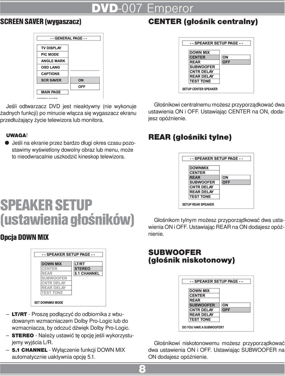 Głośnikowi centralnemu możesz przyporządkować dwa ustawienia ON i OFF. Ustawiając CENTER na ON, dodajesz opóźnienie.