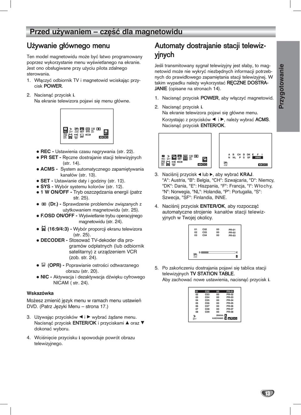 fosd ON OFF 1 2 SET SYS Automaty dostrajanie stacji telewizyjnych Je li transmitowany sygna telewizyjny jest s aby, to magnetowid moøe nie wykryê niezbídnych informacji potrzebnych do prawid owego