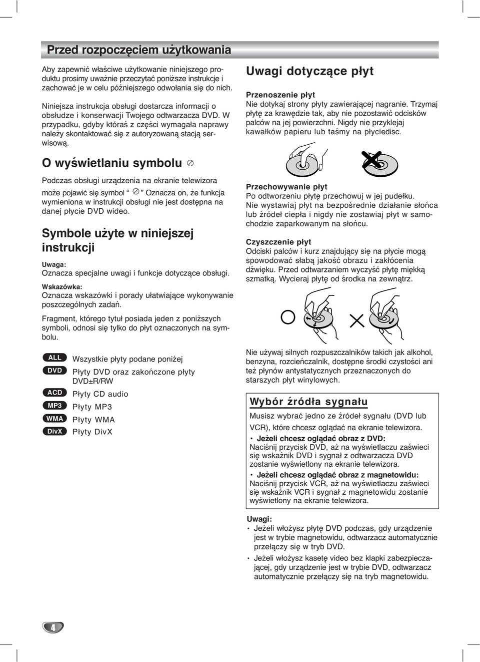W przypadku, gdyby któraś z części wymagała naprawy należy skontaktować się z autoryzowaną stacją serwisową. Uwagi dotyczące płyt Przenoszenie płyt Nie dotykaj strony płyty zawierającej nagranie.