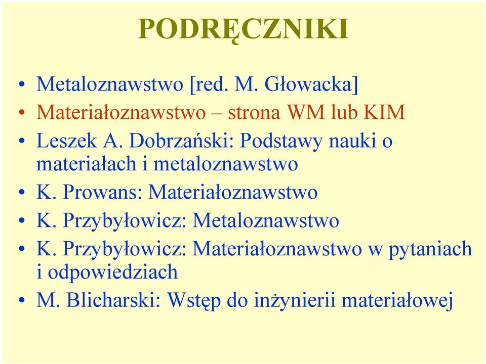 Prowans: Materiałoznawstwo K. Przybyłowicz: Metaloznawstwo K.