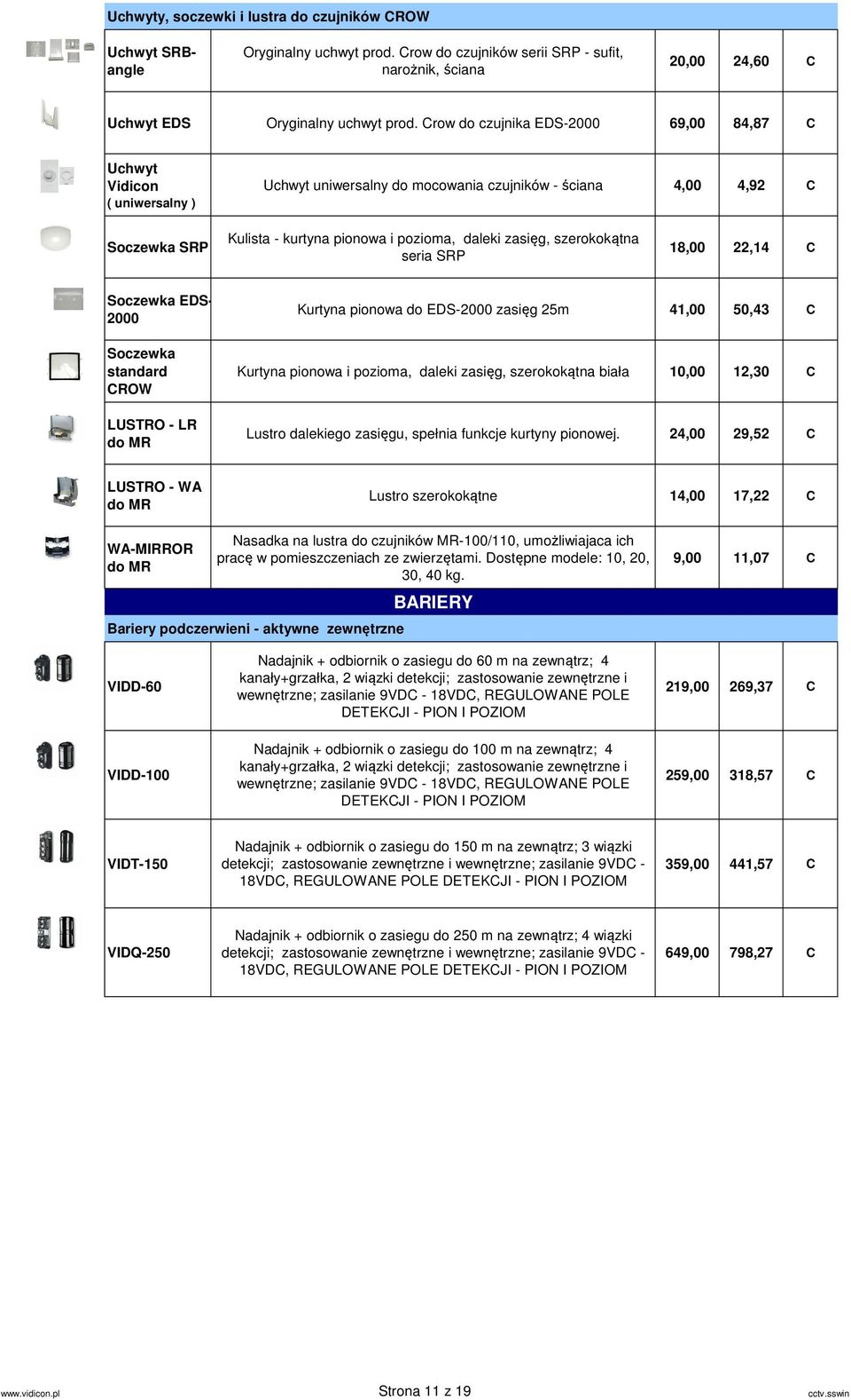 szerokokątna seria SRP 18,00 22,14 C Soczewka EDS- 2000 Soczewka standard CROW LUSTRO - LR do MR Kurtyna pionowa do EDS-2000 zasięg 25m 41,00 50,43 C Kurtyna pionowa i pozioma, daleki zasięg,