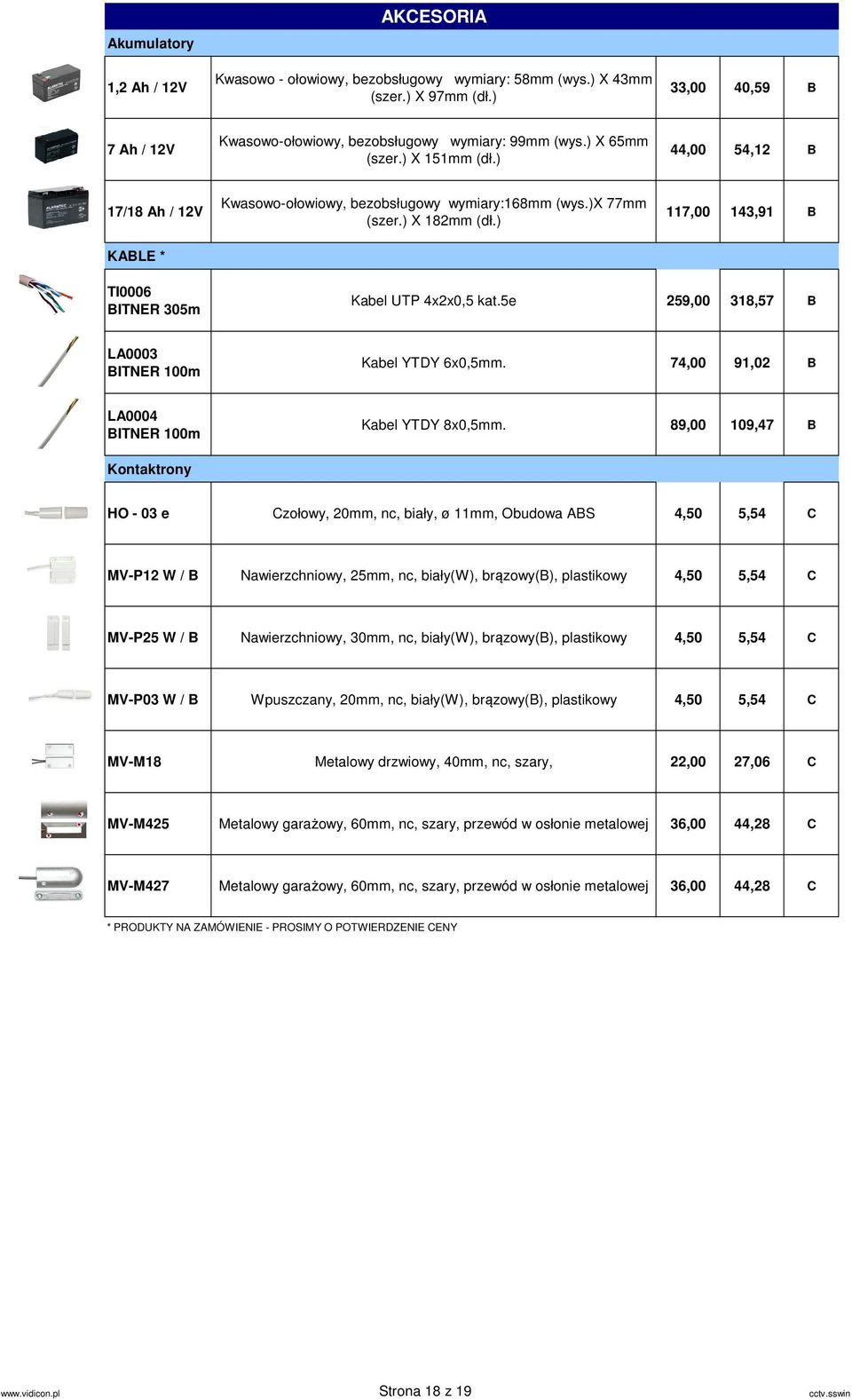 ) 117,00 143,91 B TI0006 BITNER 305m Kabel UTP 4x2x0,5 kat.5e 259,00 318,57 B LA0003 BITNER 100m Kabel YTDY 6x0,5mm. 74,00 91,02 B LA0004 BITNER 100m Kabel YTDY 8x0,5mm.
