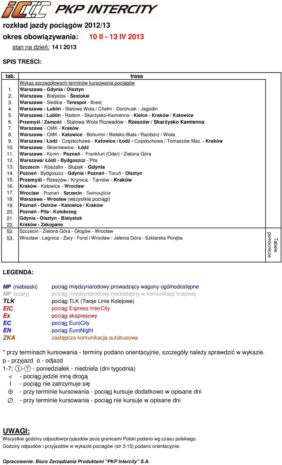 Skarżysko-Kamienna - Kielce - Kraków / Katowice Przemyśl / Zamość - Stalowa Wola Rozwadów - Rzeszów / Skarżysko Kamienna - CMK - Kraków - CMK - Katowice - Bohumin / Bielsko-Biała / Racibórz / Wisła /