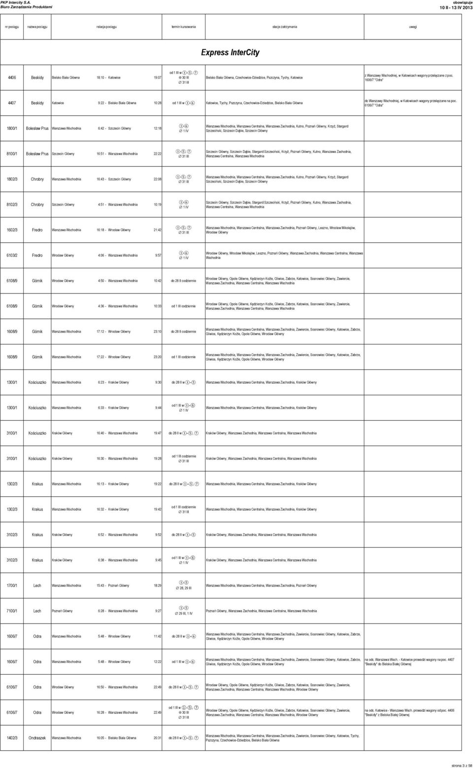 1606/7 "Odra" 4407 Beskidy Katowice 9:22 - Bielsko Biała Główna 10:28 od 1 III w 1-6 Katowice, Tychy, Pszczyna, Czechowice-Dziedzice, Bielsko Biała Główna do Warszawy Wschodniej, w Katowicach wagony