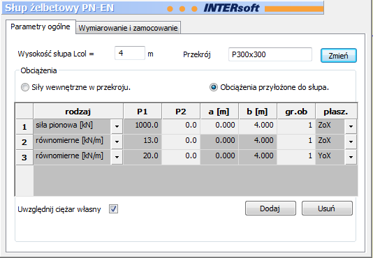 Obciążenia przyłożone do słupa Zakładka zawiera pola: Rodzaj równomierne [kn/m] trapezowe [kn/m] siła skupiona pionowa [kn] siła skupiona pozioma [kn] moment skupiony [knm] Obciążenie równomiernie