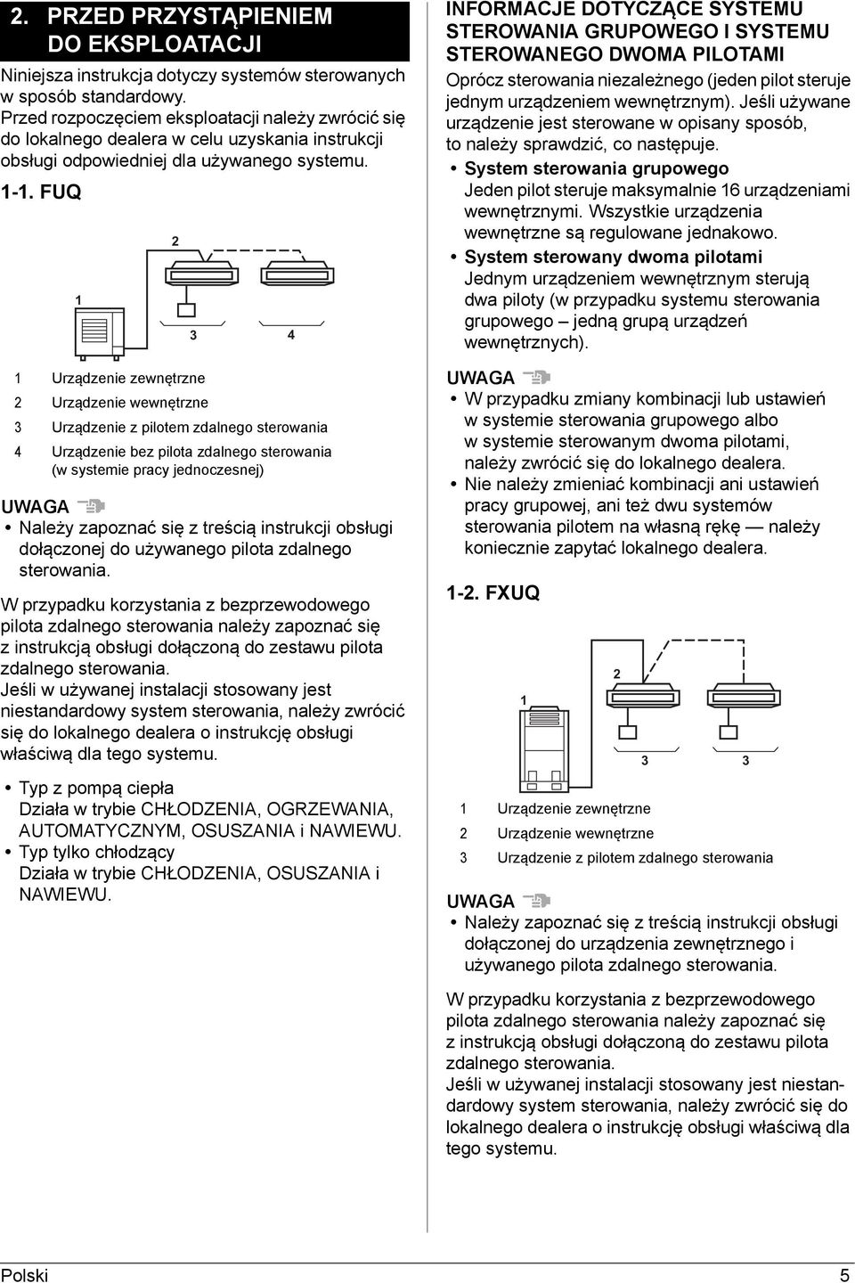 FUQ Urządzenie zewnętrzne 2 Urządzenie wewnętrzne 3 Urządzenie z pilotem zdalnego sterowania 2 3 4 4 Urządzenie bez pilota zdalnego sterowania (w systemie pracy jednoczesnej) UWAGA Należy zapoznać