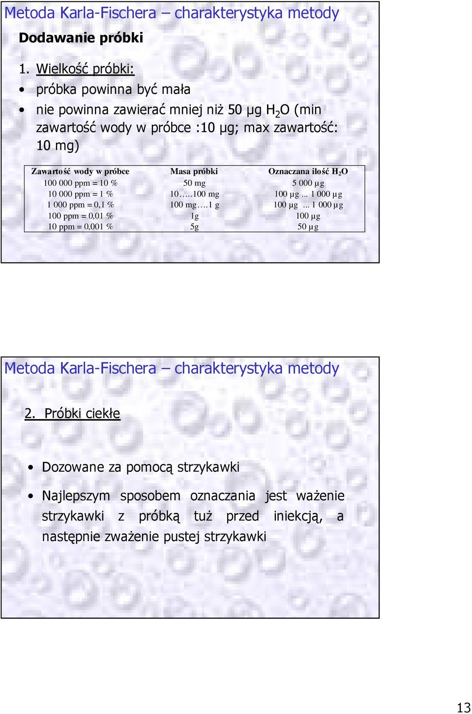 Masa próbki Oznaczana ilość H 2 O 100 000 ppm = 10 % 10 000 ppm = 1 % 1 000 ppm = 0,1 % 100 ppm = 0,01 % 10 ppm = 0,001 % 50 mg 10..100 mg 100 mg.