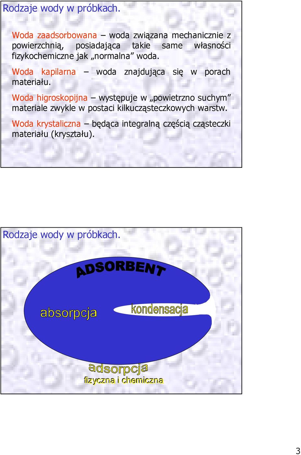 normalna woda. Woda kapilarna woda znajdująca się w porach materiału.