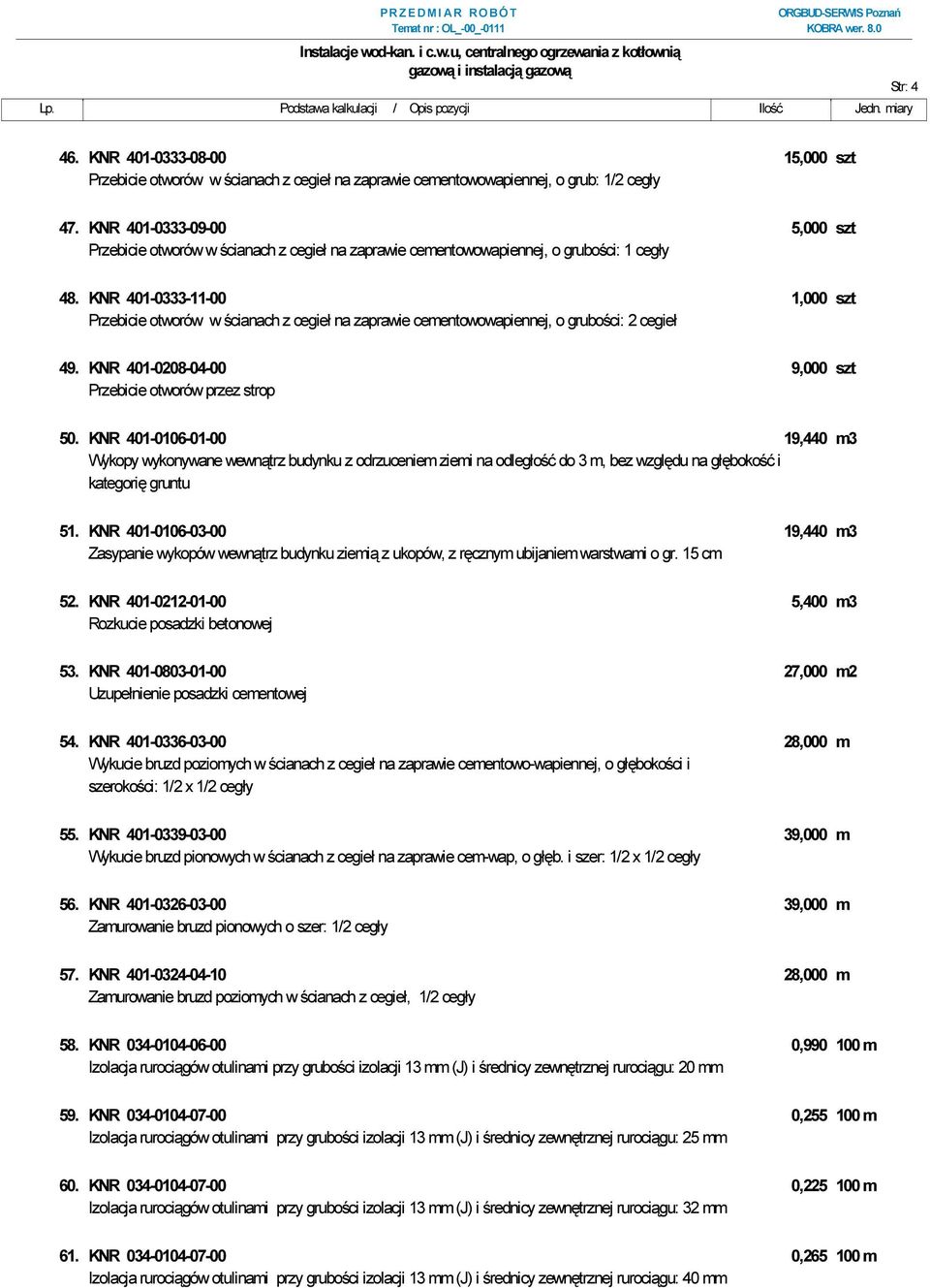 KNR 401-0333-11-00 1,000 szt Przebicie otworów w ścianach z cegieł na zaprawie cementowowapiennej, o grubości: 2 cegieł 49. KNR 401-0208-04-00 9,000 szt Przebicie otworów przez strop 50.