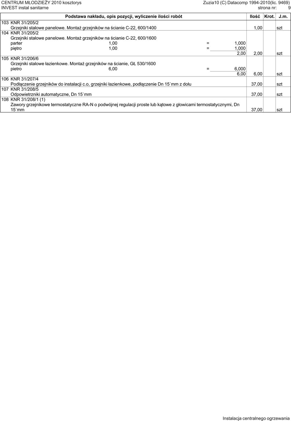 Montaż grzejników na ścianie, GŁ 530/1600 pietro 6,00 = 6,000 6,00 6,00 szt 106 KNR 31/207/4 Podłączenie grzejników do instalacji c.