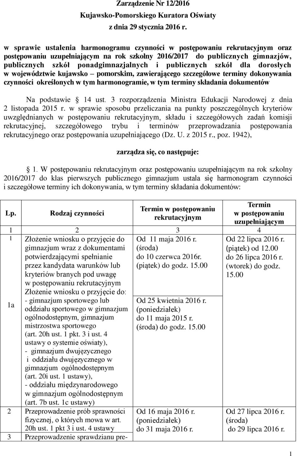 województwie kujawsko pomorskim, zawierającego szczegółowe terminy dokonywania czynności określonych w tym harmonogramie, w tym terminy składania dokumentów Na podstawie 14 ust.