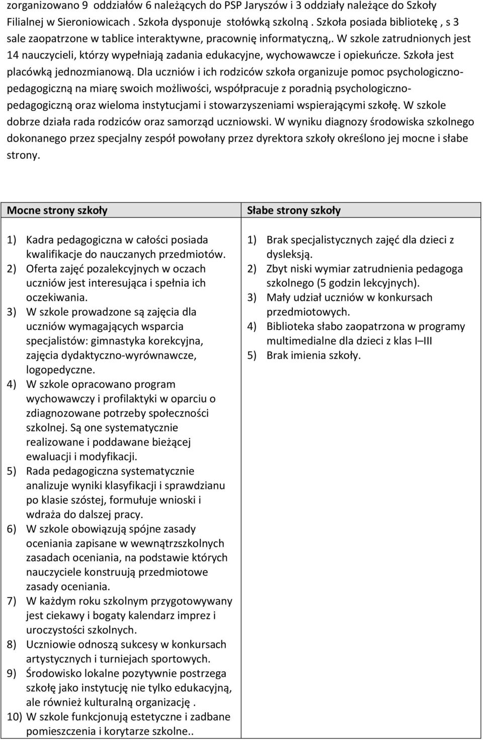 W szkole zatrudnionych jest 14 nauczycieli, którzy wypełniają zadania edukacyjne, wychowawcze i opiekuńcze. Szkoła jest placówką jednozmianową.