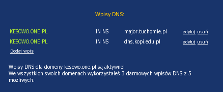 Potrzebujemy dwóch serwerów DNS. W przykładzie założona została darmowa domena kesowo.one.pl. Serwis one.
