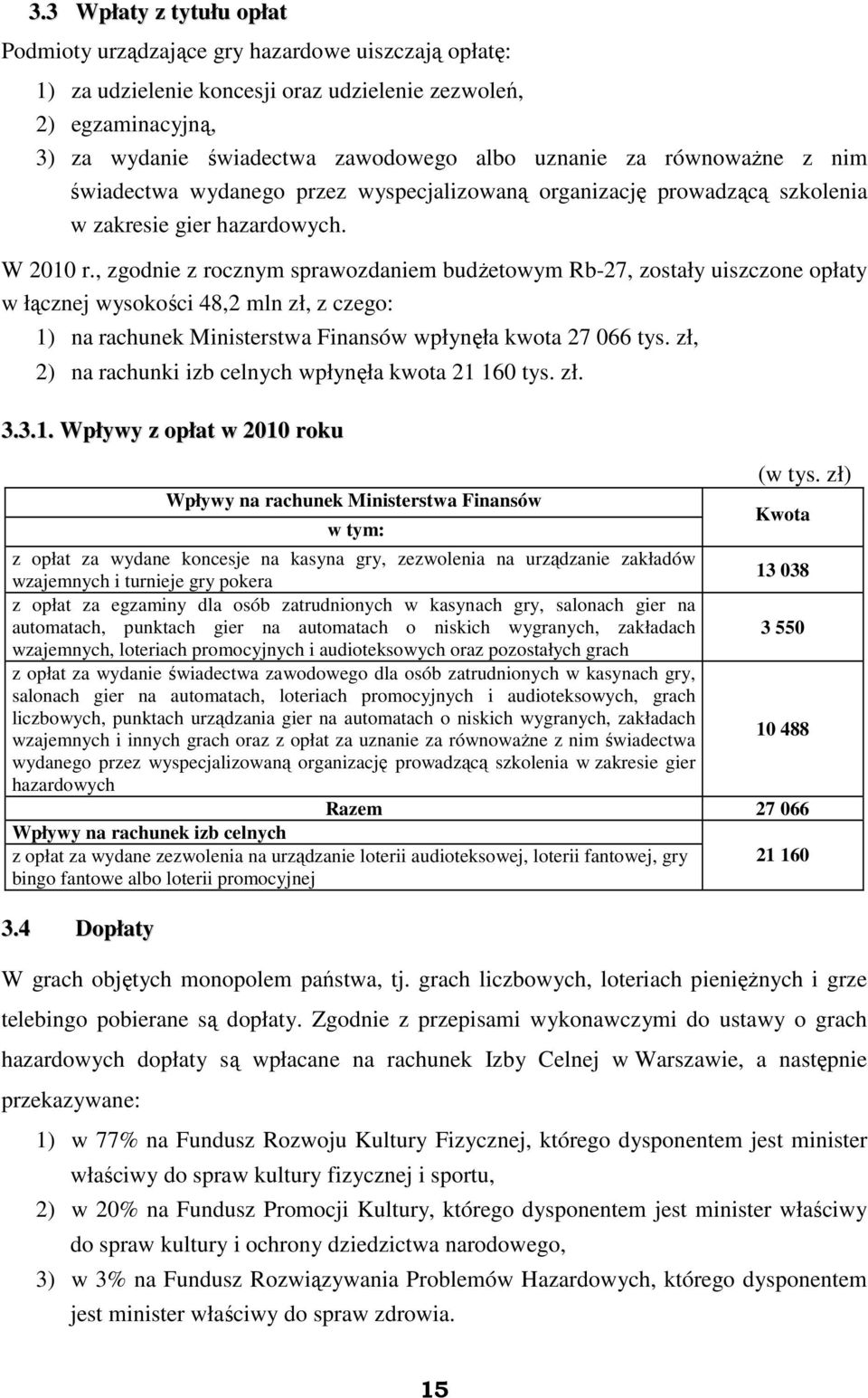 , zgodnie z rocznym sprawozdaniem budŝetowym Rb-27, zostały uiszczone opłaty w łącznej wysokości 48,2 mln zł, z czego: 1) na rachunek Ministerstwa Finansów wpłynęła kwota 27 066 tys.