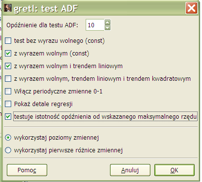 Wyniki testu ADF dla stopy bezrobocia oraz dla zmian stopy bezrobocia są następujące: Rozszerzony test Dickeya-Fullera dla rzędu opóźnienia 1, dla zmiennej bezrob liczebność próby 118 Hipoteza