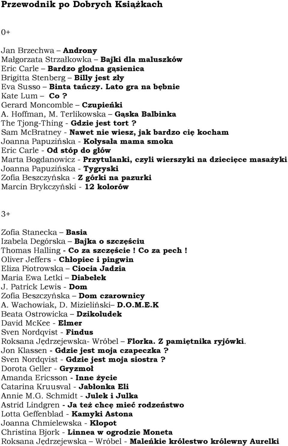 Sam McBratney - Nawet nie wiesz, jak bardzo cię kocham Joanna Papuzińska - Kołysała mama smoka Eric Carle - Od stóp do głów Marta Bogdanowicz - Przytulanki, czyli wierszyki na dziecięce masażyki