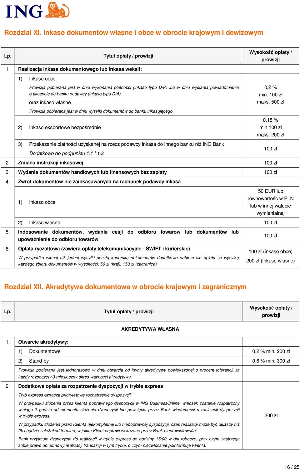 (inkaso typu D/A). oraz inkaso własne 0,2 % min. 100 zł maks. 500 zł Prowizja pobierana jest w dniu wysyłki dokumentów do banku inkasującego.