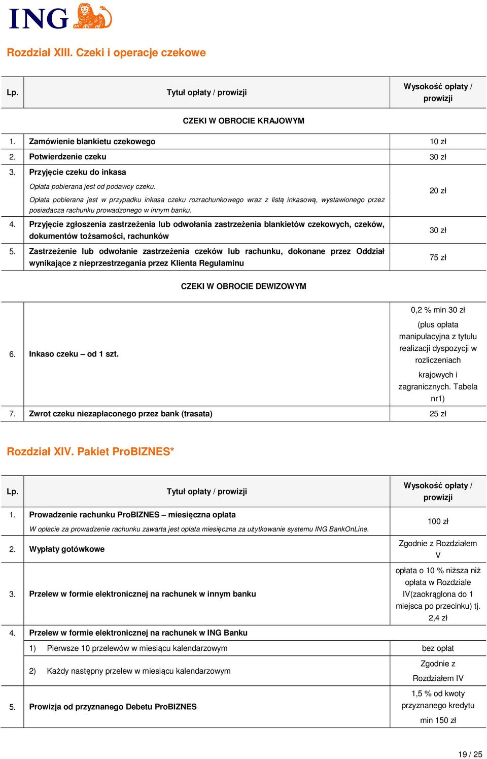 Opłata pobierana jest w przypadku inkasa czeku rozrachunkowego wraz z listą inkasową, wystawionego przez posiadacza rachunku prowadzonego w innym banku. 4.