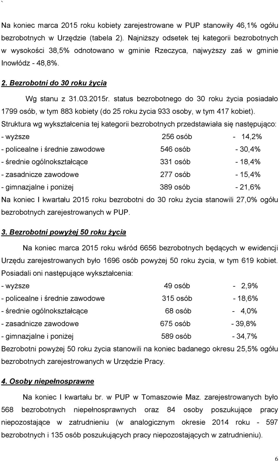 status bezrobotnego do 30 roku życia posiadało 1799 osób, w tym 883 kobiety (do 25 roku życia 933 osoby, w tym 417 kobiet).