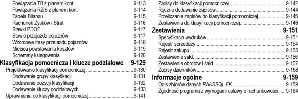 ..9-130 Dodawanie grupy klasyfikacji 9-131 Dodawanie pozycji klasyfikacji 9-132 Dodawanie kluczy podziałowych 9-133 Uprawnienia do klasyfikacji pomocniczej...9-141 Zapisy do klasyfikacji pomocniczej.