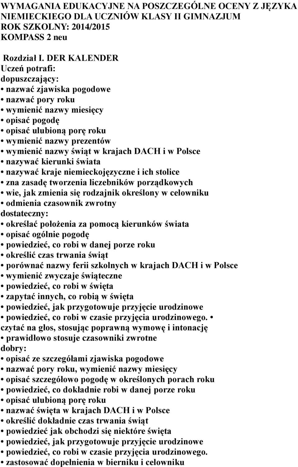 kierunki świata nazywać kraje niemieckojęzyczne i ich stolice zna zasadę tworzenia liczebników porządkowych wie, jak zmienia się rodzajnik określony w celowniku odmienia czasownik zwrotny określać