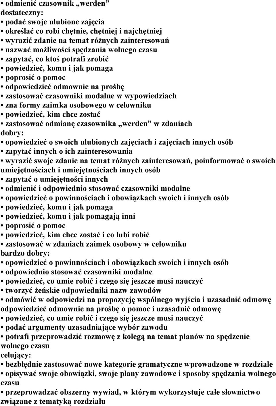 powiedzieć, kim chce zostać zastosować odmianę czasownika werden w zdaniach opowiedzieć o swoich ulubionych zajęciach i zajęciach innych osób zapytać innych o ich zainteresowania wyrazić swoje zdanie