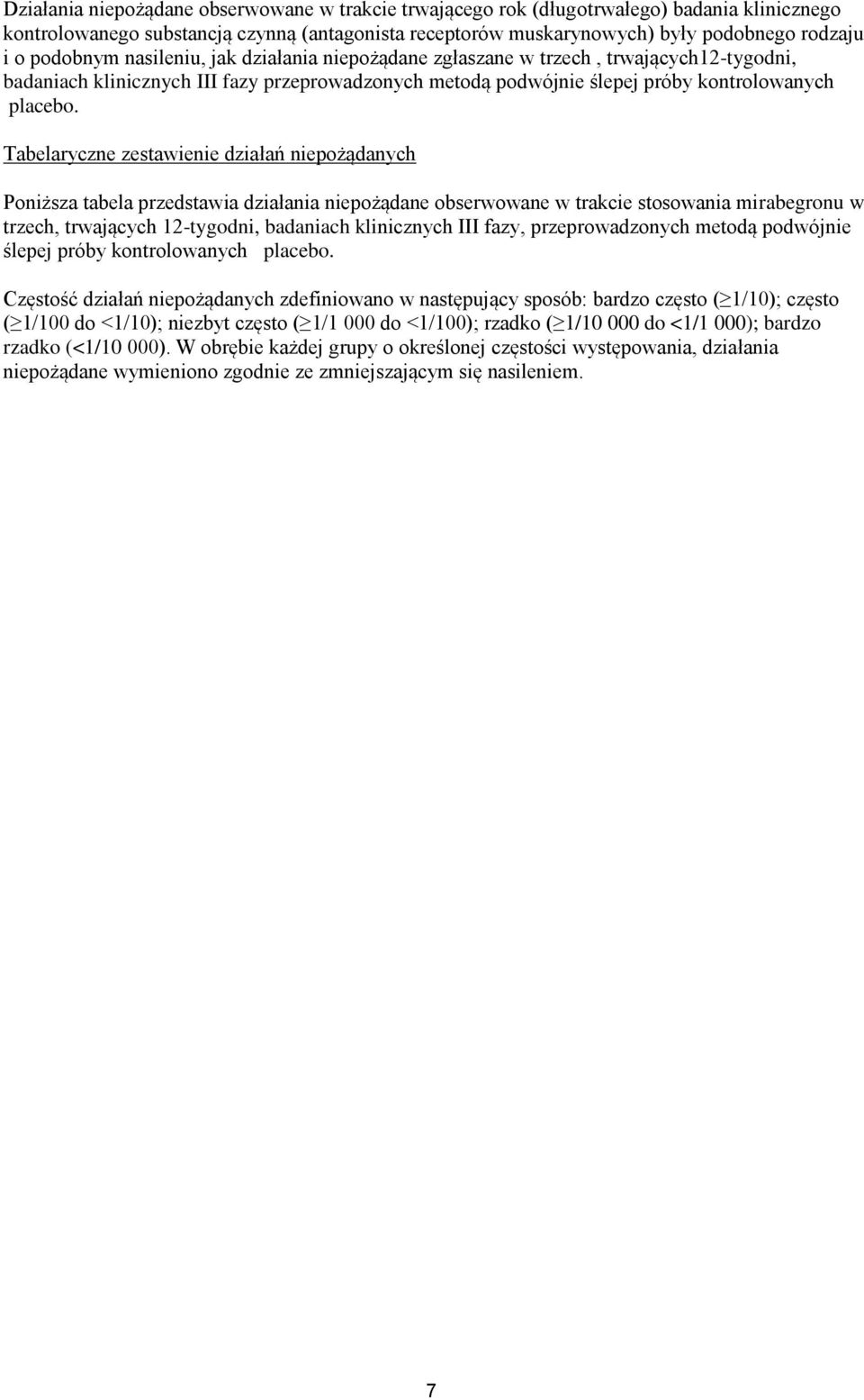 Tabelaryczne zestawienie działań niepożądanych Poniższa tabela przedstawia działania niepożądane obserwowane w trakcie stosowania mirabegronu w trzech, trwających 12-tygodni, badaniach klinicznych